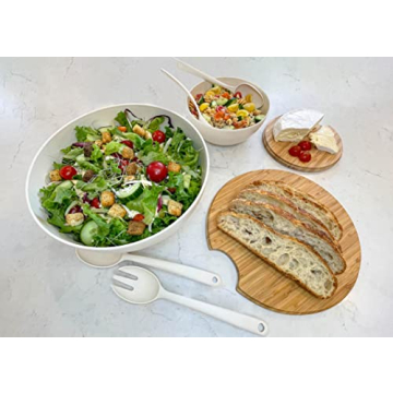 Clean Dezign Large Salad and Serving Bowl with Bamboo Wood Lid and Servers 8pc Set - 11.5" and 8" Bamboo Fiber Pasta Bowls and Utensils with Wooden Cutting Board Tops (Natural White)