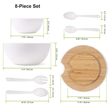 Clean Dezign Large Salad and Serving Bowl with Bamboo Wood Lid and Servers 8pc Set - 11.5" and 8" Bamboo Fiber Pasta Bowls and Utensils with Wooden Cutting Board Tops (Natural White)