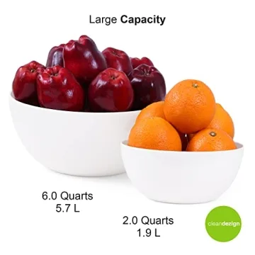 Clean Dezign Large Salad and Serving Bowl with Bamboo Wood Lid and Servers 8pc Set - 11.5" and 8" Bamboo Fiber Pasta Bowls and Utensils with Wooden Cutting Board Tops (Natural White)