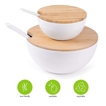 Clean Dezign Large Salad and Serving Bowl with Bamboo Wood Lid and Servers 8pc Set - 11.5" and 8" Bamboo Fiber Pasta Bowls and Utensils with Wooden Cutting Board Tops (Natural White)