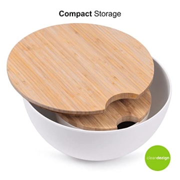 Clean Dezign Large Salad and Serving Bowl with Bamboo Wood Lid and Servers 8pc Set - 11.5" and 8" Bamboo Fiber Pasta Bowls and Utensils with Wooden Cutting Board Tops (Natural White)