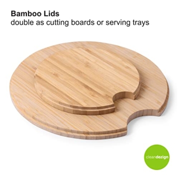 Clean Dezign Large Salad and Serving Bowl with Bamboo Wood Lid and Servers 8pc Set - 11.5" and 8" Bamboo Fiber Pasta Bowls and Utensils with Wooden Cutting Board Tops (Natural White)