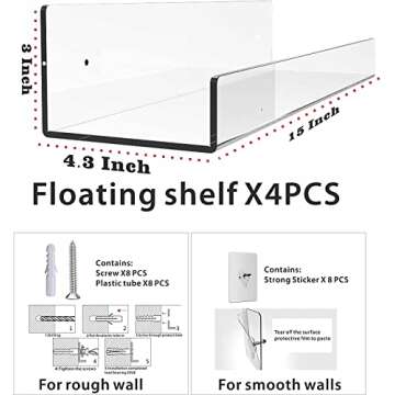 Stylish 15 inch Acrylic Floating Wall Shelf for Storage