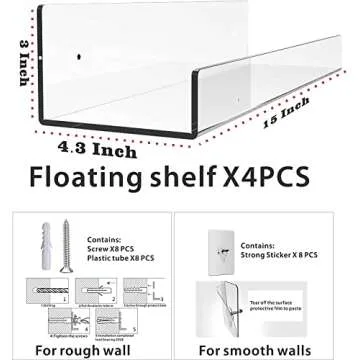 Stylish 15 inch Acrylic Floating Wall Shelf for Storage