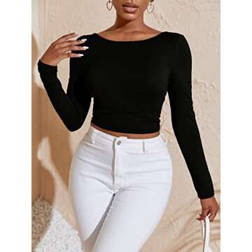 Verdusa Women's Crisscross Tied Backless Long Sleeve Crop Tee T Shirt Top Black M