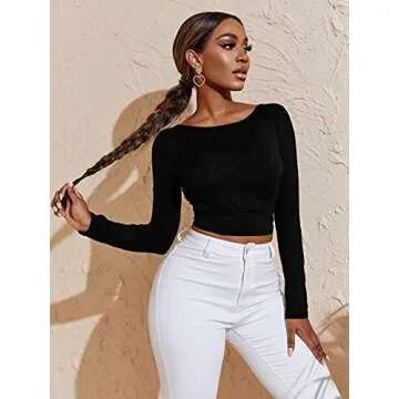 Verdusa Women's Crisscross Tied Backless Long Sleeve Crop Tee T Shirt Top Black M