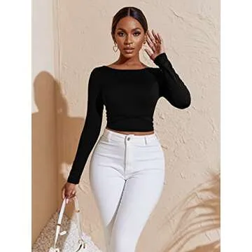 Verdusa Women's Crisscross Tied Backless Long Sleeve Crop Tee T Shirt Top Black M