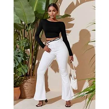 Verdusa Women's Crisscross Tied Backless Long Sleeve Crop Tee T Shirt Top Black M