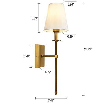 TERLEENART Modern Antique Brass Wall Sconce Set of 2 with White Fabric Shade and Long Slim Arm,Wall Lighting for Bathroom Vanity Mirror Living Room Dining Entryway Fireplace Mantel Theater Room