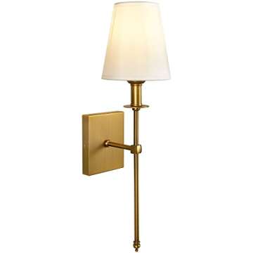 TERLEENART Modern Antique Brass Wall Sconce Set of 2 with White Fabric Shade and Long Slim Arm,Wall Lighting for Bathroom Vanity Mirror Living Room Dining Entryway Fireplace Mantel Theater Room