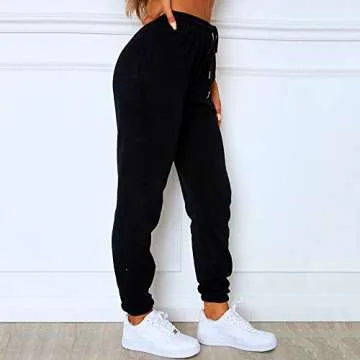 Women's Solid Sweatpants Drawstring Jogger Sweat Pants Cinch Bottom Casual Elastic Waist Workout Trousers (Black, Medium)
