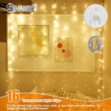 SINAMER Warm White Curtain Light for Bedroom, 300 LED 9.8ft x 9.8ft Window Fairy Curtain String Light with 16 Hooks, 8 Models Remote Control for Wedding Party Home Garden Indoor Decorations