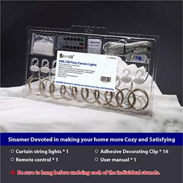 SINAMER Warm White Curtain Light for Bedroom, 300 LED 9.8ft x 9.8ft Window Fairy Curtain String Light with 16 Hooks, 8 Models Remote Control for Wedding Party Home Garden Indoor Decorations