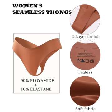 FINETOO Seamless Thongs for Women Sexy No Show Panties Invisible V-waisted Stretch Ladies Underwear 6 Pack (XS-XL)