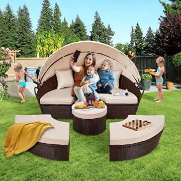AECOJOY Patio Furniture Outdoor Daybed with Retractable Canopy, Patio Daybed Rattan Wicker Separated Seating Sectional Sofa for Patio Lawn Garden Backyard Porch Pool