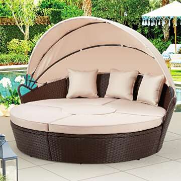 AECOJOY Patio Furniture Outdoor Daybed with Retractable Canopy, Patio Daybed Rattan Wicker Separated Seating Sectional Sofa for Patio Lawn Garden Backyard Porch Pool
