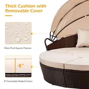 AECOJOY Patio Furniture Outdoor Daybed with Retractable Canopy, Patio Daybed Rattan Wicker Separated Seating Sectional Sofa for Patio Lawn Garden Backyard Porch Pool