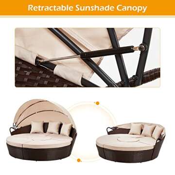 AECOJOY Patio Furniture Outdoor Daybed with Retractable Canopy, Patio Daybed Rattan Wicker Separated Seating Sectional Sofa for Patio Lawn Garden Backyard Porch Pool
