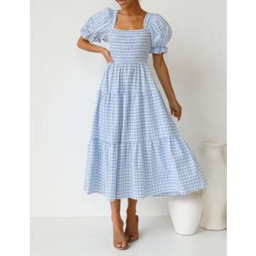 ZESICA Women's 2025 Bohemian Summer Plaid Square Neck Puff Sleeve Ruffle Flowy Beach Midi Dress - Li...