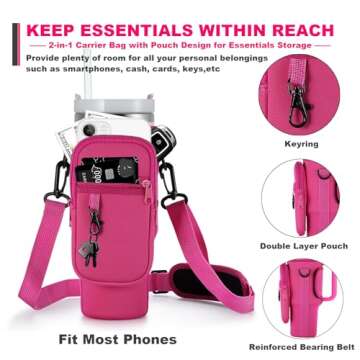 BULKITEM Water Bottle Carrier Bag with Phone Pocket for Pink Stanley 40 oz Tumbler with Handle, Hot Pink Insulated Neoprene Cup Holder Pouch Strap for Valentines Stanley Cup Accessories