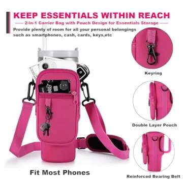 BULKITEM Water Bottle Carrier Bag with Phone Pocket for Pink Stanley 40 oz Tumbler with Handle, Hot Pink Insulated Neoprene Cup Holder Pouch Strap for Valentines Stanley Cup Accessories