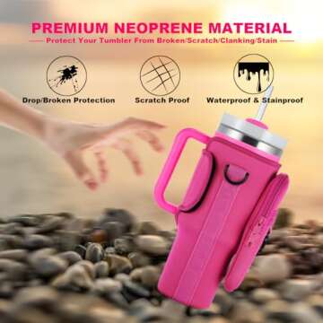 BULKITEM Water Bottle Carrier Bag with Phone Pocket for Pink Stanley 40 oz Tumbler with Handle, Hot Pink Insulated Neoprene Cup Holder Pouch Strap for Valentines Stanley Cup Accessories