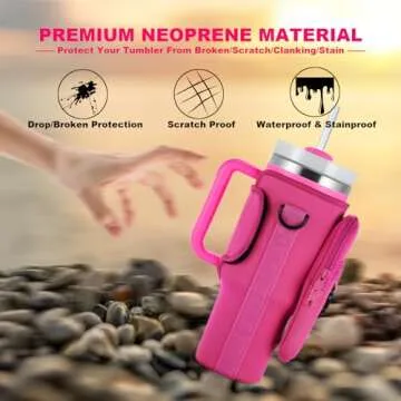 BULKITEM Water Bottle Carrier Bag with Phone Pocket for Pink Stanley 40 oz Tumbler with Handle, Hot Pink Insulated Neoprene Cup Holder Pouch Strap for Valentines Stanley Cup Accessories