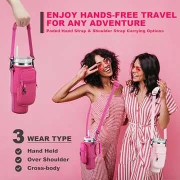 BULKITEM Water Bottle Carrier Bag with Phone Pocket for Pink Stanley 40 oz Tumbler with Handle, Hot Pink Insulated Neoprene Cup Holder Pouch Strap for Valentines Stanley Cup Accessories