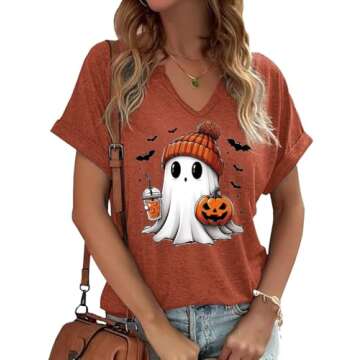 Womens Halloween Ghost V Neck Shirt Fall Cute Ghost Pumpkin Face Graphic Short Sleeve Tee Autumn Pum...