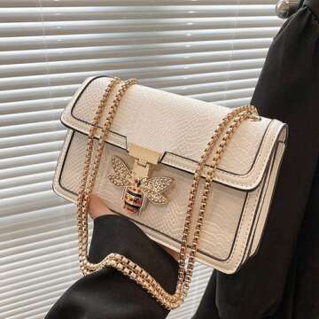 Nhicdns Women's Crossbody Shoulder Bag Retro Satchel Purse Solid Color Chain Strap Clutch Leather Bag White