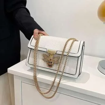 Nhicdns Women's Crossbody Shoulder Bag Retro Satchel Purse Solid Color Chain Strap Clutch Leather Bag White