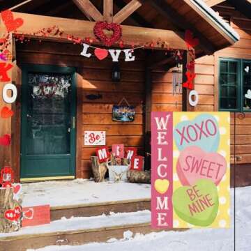 AVOIN colorlife Candy Love Hearts Welcome Garden Flag 12x18 Inch Double Sided Outside, Valentines Rustic Anniversary Yard Outdoor Decoration