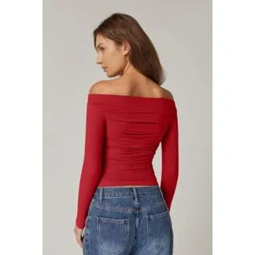 QINSEN Women Off Shoulder Double Lined Long Sleeve Shirts Basic Going Out Ruched Tops Red S