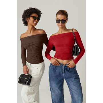 QINSEN Women Off Shoulder Double Lined Long Sleeve Shirts Basic Going Out Ruched Tops Red S
