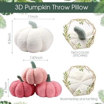 Kajaia 4 Pcs Pumpkin Throw Pillow Cushion 3D Thanksgiving Pillow Fall Pumpkin Pillow Fluffy Stuffed Pillow Plush Pillow for Thanksgiving Bedroom Sofa Supplies 11 Inches, 7 Inches(White, Pink Series)