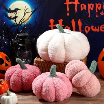 Kajaia 4 Pcs Pumpkin Throw Pillow Cushion 3D Thanksgiving Pillow Fall Pumpkin Pillow Fluffy Stuffed Pillow Plush Pillow for Thanksgiving Bedroom Sofa Supplies 11 Inches, 7 Inches(White, Pink Series)