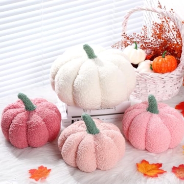 Kajaia 4 Pcs Pumpkin Throw Pillow Cushion 3D Thanksgiving Pillow Fall Pumpkin Pillow Fluffy Stuffed Pillow Plush Pillow for Thanksgiving Bedroom Sofa Supplies 11 Inches, 7 Inches(White, Pink Series)