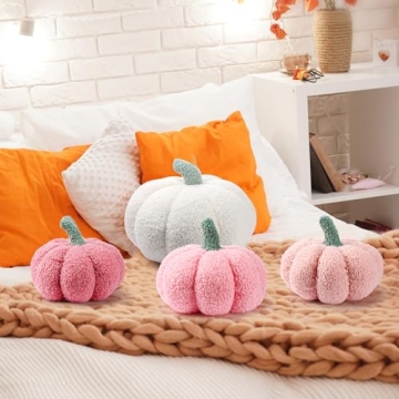 Kajaia 4 Pcs Pumpkin Throw Pillow Cushion 3D Thanksgiving Pillow Fall Pumpkin Pillow Fluffy Stuffed Pillow Plush Pillow for Thanksgiving Bedroom Sofa Supplies 11 Inches, 7 Inches(White, Pink Series)