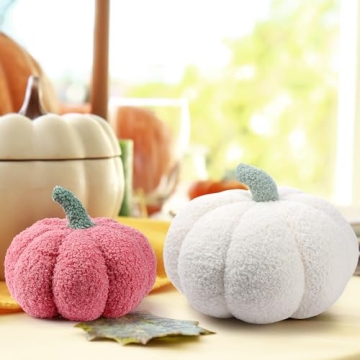 Kajaia 4 Pcs Pumpkin Throw Pillow Cushion 3D Thanksgiving Pillow Fall Pumpkin Pillow Fluffy Stuffed Pillow Plush Pillow for Thanksgiving Bedroom Sofa Supplies 11 Inches, 7 Inches(White, Pink Series)