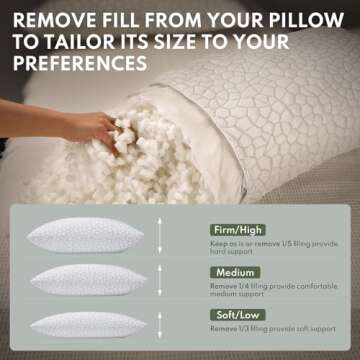 HEYCUZI Cooling Shredded Memory Foam Pillow for Sleeping - Queen Size 2 Pack, Adjustable Bed Pillows Set of 2 for Side, Back, and Stomach Sleepers, Washable Breathable Cold Cover - CertiPUR-US