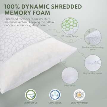 HEYCUZI Cooling Shredded Memory Foam Pillow for Sleeping - Queen Size 2 Pack, Adjustable Bed Pillows Set of 2 for Side, Back, and Stomach Sleepers, Washable Breathable Cold Cover - CertiPUR-US