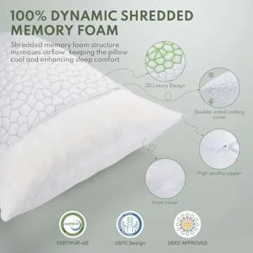 HEYCUZI Cooling Shredded Memory Foam Pillow for Sleeping - Queen Size 2 Pack, Adjustable Bed Pillows Set of 2 for Side, Back, and Stomach Sleepers, Washable Breathable Cold Cover - CertiPUR-US