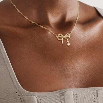plucar Gold Necklace Bow Necklace Dainty Gold Necklace 14K Necklaces Small Cubic Zirconia Bow Pendan...
