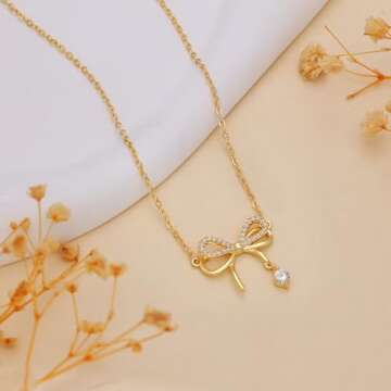 plucar Gold Necklace Bow Necklace Dainty Gold Necklace 14K Necklaces Small Cubic Zirconia Bow Pendant Necklace Chain Choker Necklaces for Women Trendy Jewelry