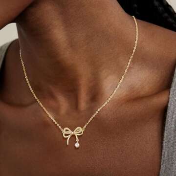 plucar Gold Necklace Bow Necklace Dainty Gold Necklace 14K Necklaces Small Cubic Zirconia Bow Pendant Necklace Chain Choker Necklaces for Women Trendy Jewelry
