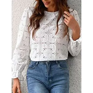 CUPSHE Women Eyelet Long Sleeve Tops Shirts Dressy Hollow Out Crochet Lace Embroidered Blouses 2025 Fashion Top White XL