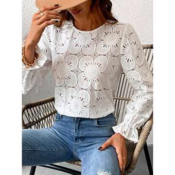 CUPSHE Women Eyelet Long Sleeve Tops Shirts Dressy Hollow Out Crochet Lace Embroidered Blouses 2025 Fashion Top White XL