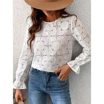 CUPSHE Women Eyelet Long Sleeve Tops Shirts Dressy Hollow Out Crochet Lace Embroidered Blouses 2025 Fashion Top White XL