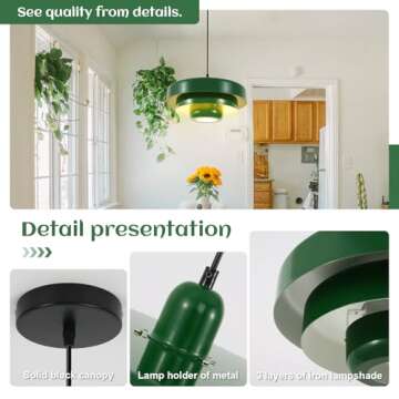 Qepeety Nordic Pendant Light, Mid Century Modern Pendant Light Fixtures, 3-Layer Design, 13.8 inch Green Metal Shade, Green Chandelier Ceiling Light for Living Room, Hallway, 1-Light