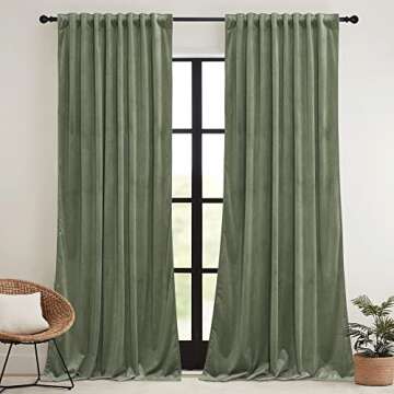 RYB HOME Sage Green Velvet Curtains 84 inches, Room Darkening Super Soft Velvet Drapes with Pleat Ta...